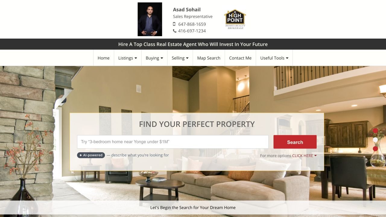 Asad Sohail real estate website header and AI-powered property search captured after the August 2026 engagement